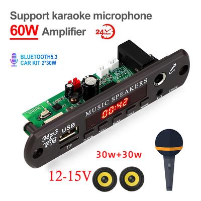 Bluetooth 5.3 Decoding Board MP3 12-15V Decoder Board Clock Time Display Microphone  Car FM Radio USB TF Music Player Speaker
