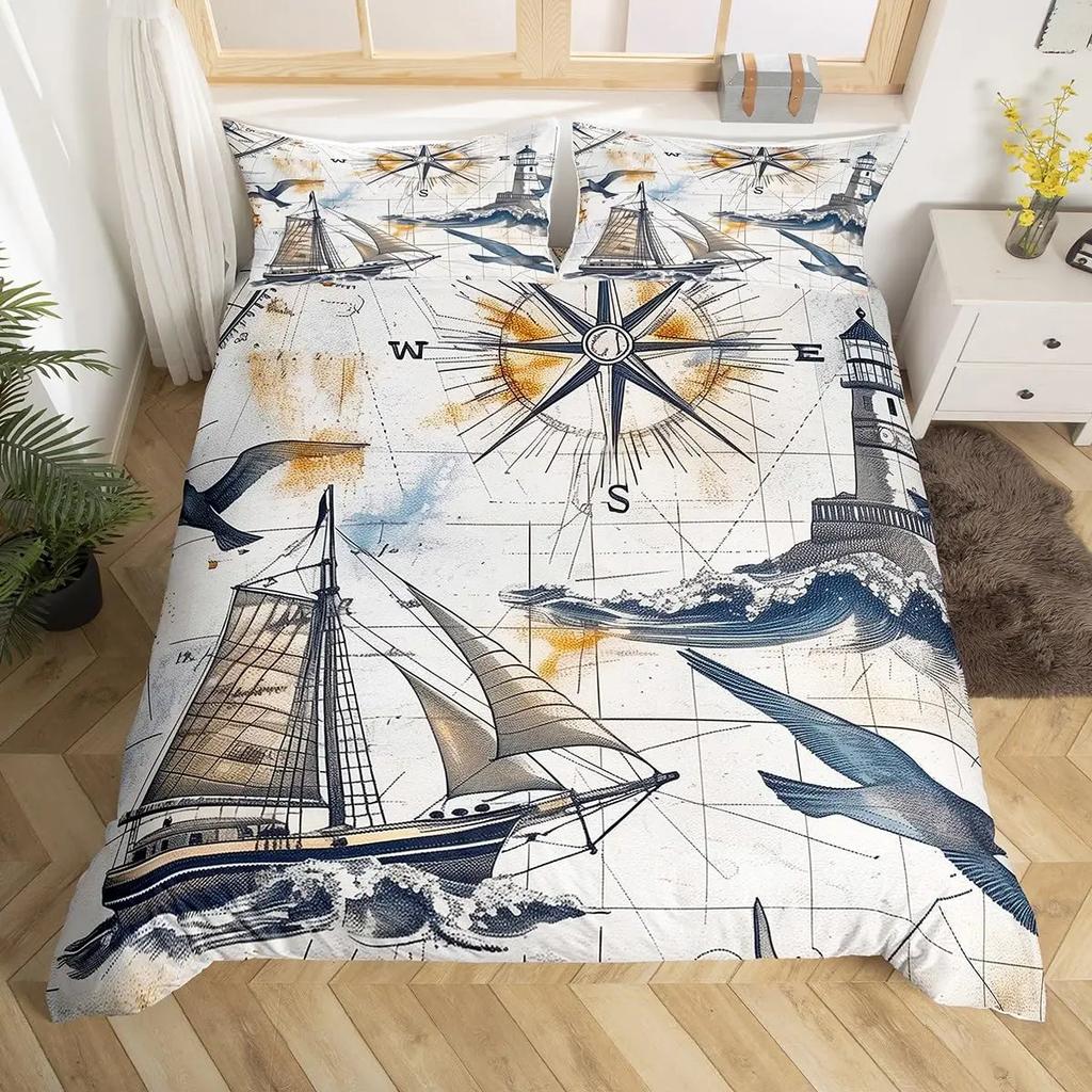 Sailboat Bedding Set Sailing Ship Comforter Cover Ocean Wave Nautical Duvet Cover For Kids Boys Girls Cartoon Ship