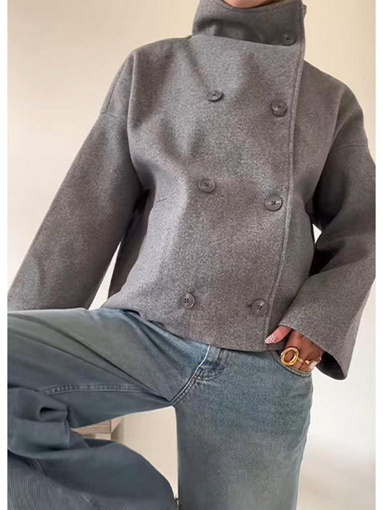 2025 Autumn/Winter Women's Solid Color Double-Breasted Wool Coat with Stand-Up Collar
