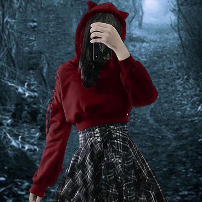 Autumn Women Loose Fit Halloween Sport Hoodie Hollow Out Lace Up Cold Shoulder Long Sleeve Cat Ear Decor Hooded Cropped Sweatshirt