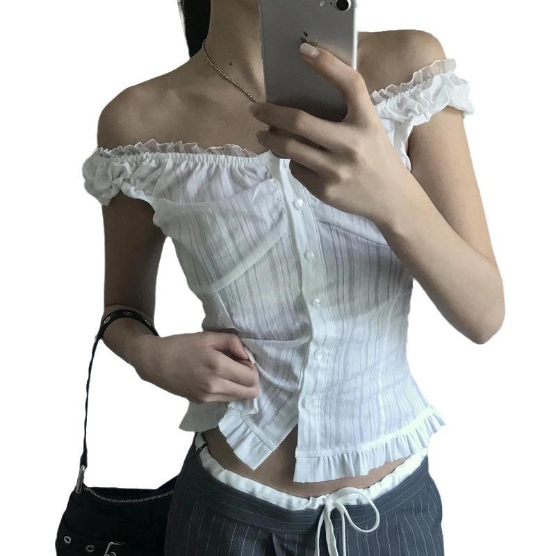 One-word Collar Breasted Vertical Pattern Bubble Sleeve Shirt Temperament Waist Thin Versatile Top