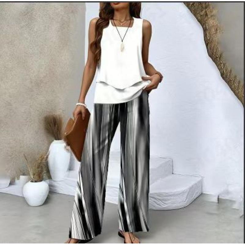 Women's Loose Fit Two Piece Outfit Sleeveless Tank Top High Waist Wide Leg Pants Set With 3D Abstract Print For Casual Summer Daily Wear