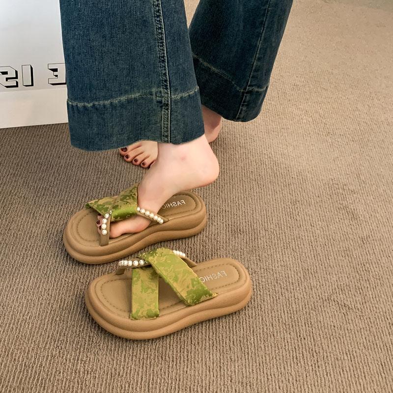 Fashion Shoes Woman 2025 String Bead Female Slippers Platform New Beach Slides Scandals String Bead House Slippers Platform Beach Shoes