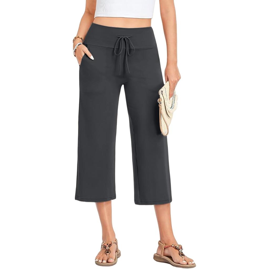 Women Summer Casual Drawstring Waist Wide Leg Cropped Pants with Pockets Lightweight Loose Fit Lounge Capri Trousers for Yoga and Everyday Wear