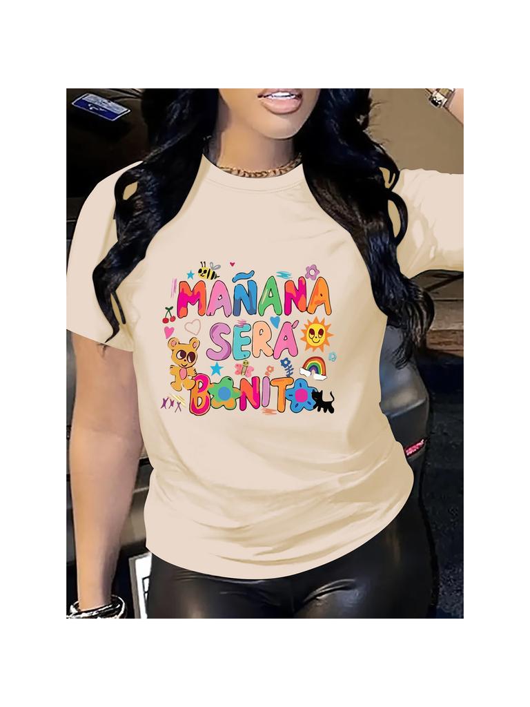 Women's Vibrant Pink Casual T-Shirt - "Manana Sera Bonito" Colorful Letter Print Round Neck Machine Washable Graphic T Shirts
