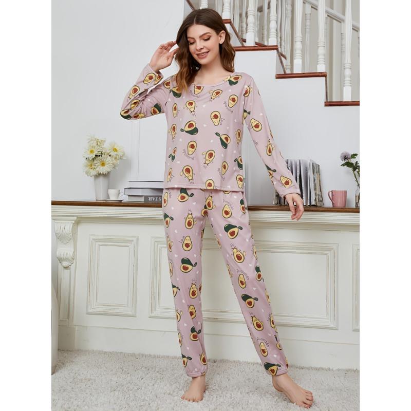 Weihnachtspyjama für Damen, Damen, Homewear, Milchseide, bedruckt, lange Ärmel, lange Hosen, Pyjama-Anzug