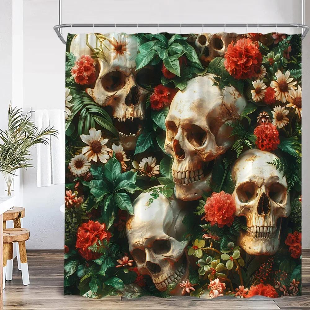 Funny Floral Skull Shower Curtain Bathroom Decoration Happy Halloween Polyester Shower Curtain with Hook