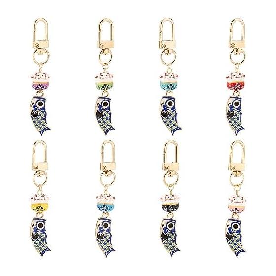 PH PandaHall 8 Pieces Lucky Cat Keychain Key Ring Smartphone Strap Carp Banner with Nasukan Japanese Style Cute Cat Pendant Wallet Bag Decoration