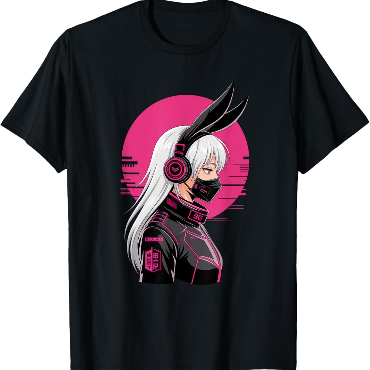 Cyberpunk Girl With Mask Sci-fi Anime Manga Cat Ears Girl T-Shirt S чёрный