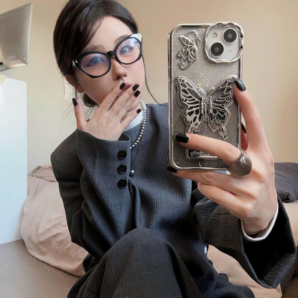 Luxury Plating 3D Butterfly Glitter Powder Phone Case for iPhone 15 14 13 12 11 Pro Max 15 Pro Stand Holder Soft TPU Case Cover