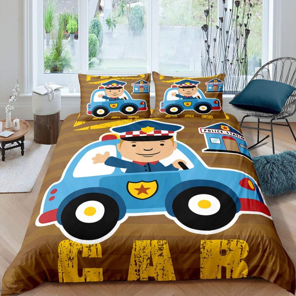 Police Car Duvet Cover Cartoon Set Car Blue Grey Emergency Responder Vehicles Polyester Quilt Cover With Pillowcases King Size