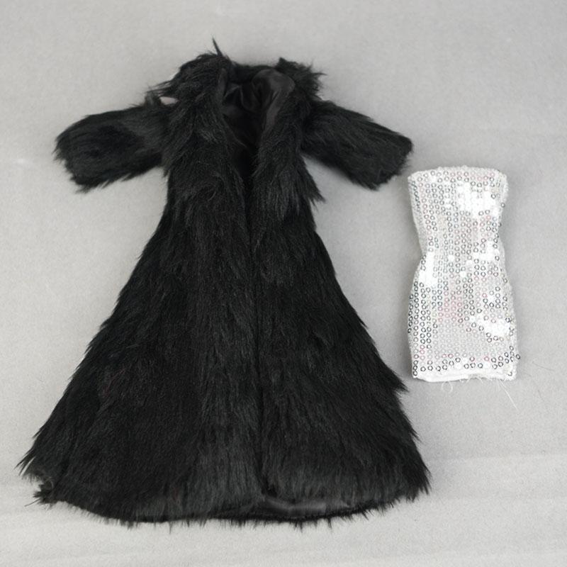 Příslušenství pro panenky Barbie, oblečení, parka, zimní super dlouhý kožešinový bílý kabát a stříbrné šaty, módní oblečení pro panenku 1/6