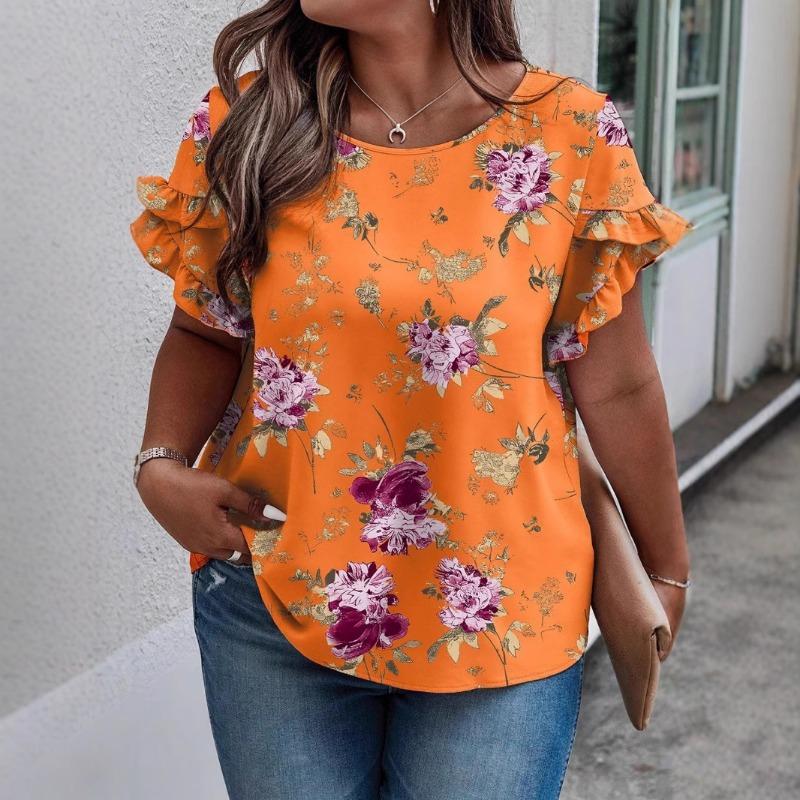 Women's New Summer Round Neck Spliced Ruffle Loose Printed Short Sleeve Tops T-shirt