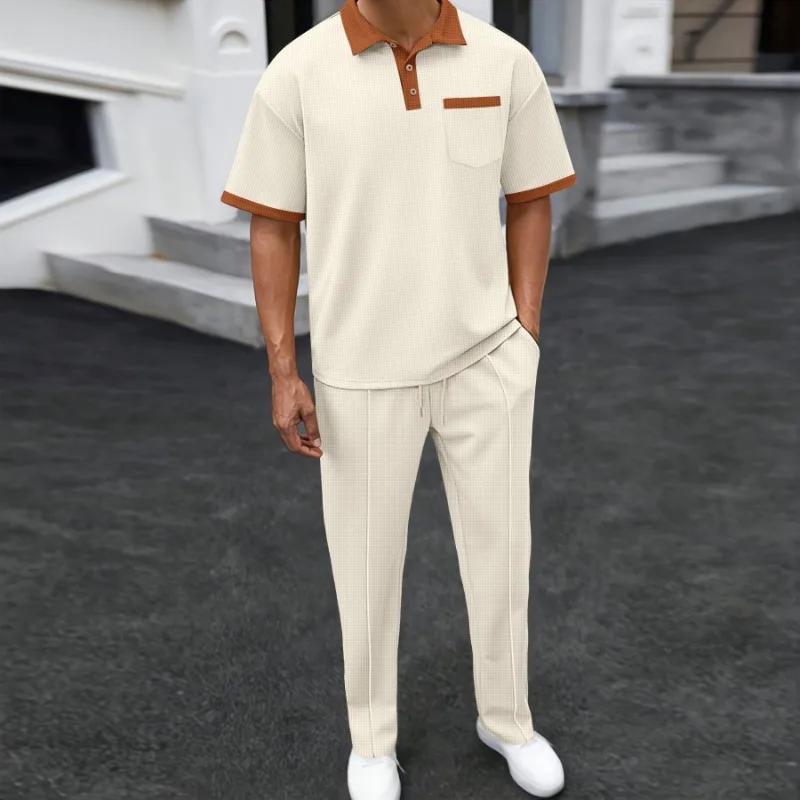 Elastic Waist Trousers Two-piece Casual Set Men's New Lapel Color Blocking Pocket