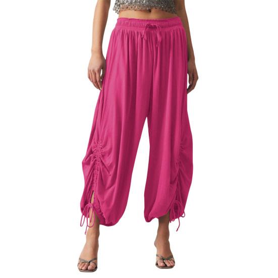 Women Bloomers High-Drape Side Shirring Wide Leg Pants with Elastic Waistband Adjustable Drawstring Pure Color Casual