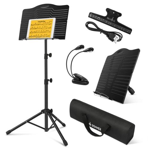 

Donner Lightweight Folding Music Stand with Light, Storage Bag, and Sheet Music Clips, Height Adjustable from 42cm to 144cm, Lightweight Steel Constru