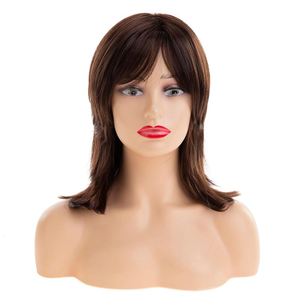 Medium Length Hair Natural Golden Brown Wig Synthetic Straight Wigs with Bangs for Women Daily Cosplay Party Heat Resistant Fibre