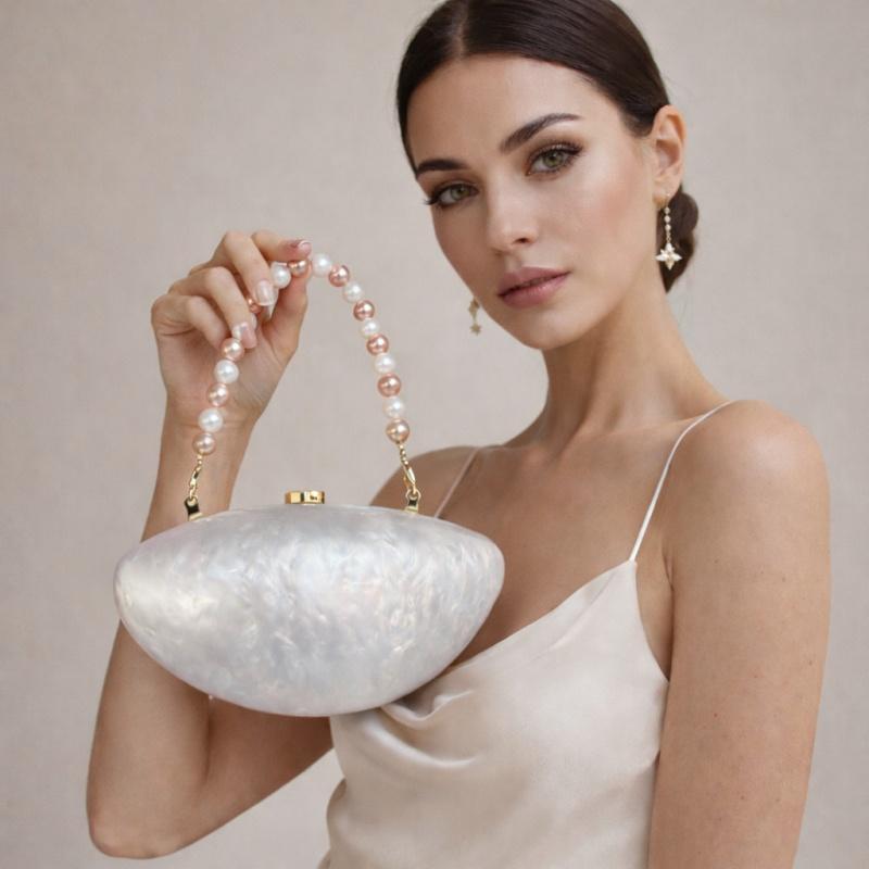 2026 Fashion Pearl Chain Goose Egg Shaped Handbag New Acrylic Irregular Shaped Mini Box Bag Handheld Party Clutch Purse