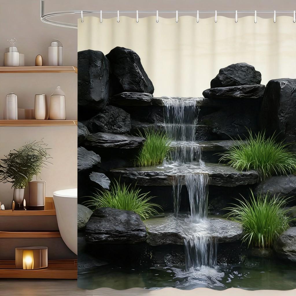 Lush Tropical Rainforest Stream with Giant Monstera Leaves Waterproof Shower Curtain for Bathroom Decor