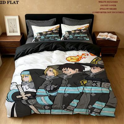 Fire Force Pattern Bedding Quilt Set Quilt Cover Pillowcase Home Birthday Gift(1 * Duvet Cover + 2 * Pillowcase, Without Core)