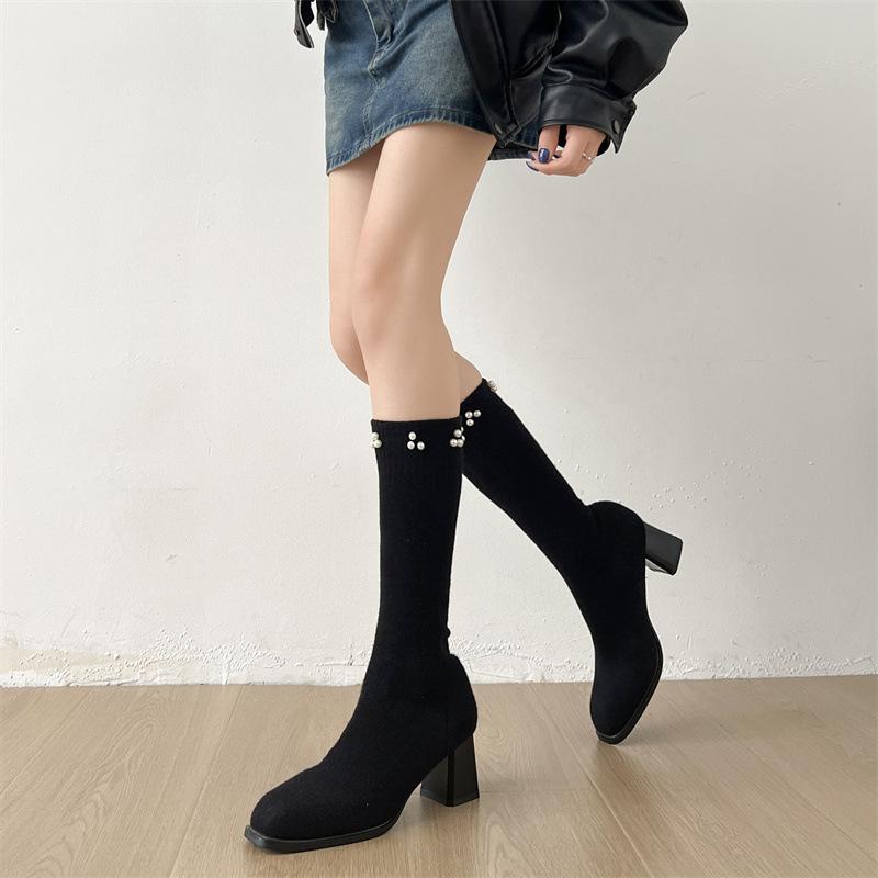 Fashion Elastic Boots for WomenAutumn New Style Long Thigh-high Boots with Thick Heels and Small Square Heads Slender High Boots