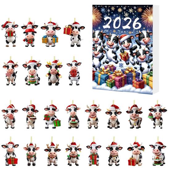 Collectible Christmas Figurines for Enthusiasts Cow Ornament Advent Calendar 2026, 24 Days 2D Acrylic Hanging Pendant Portable Decorations Home