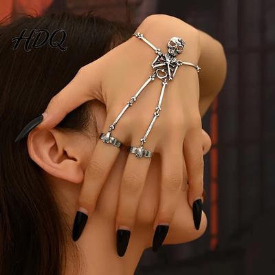 Adjustable Rope Bracelet Skull Hand Chain Skeleton Finger Ring Chains Goth Everyday Wear Slave Hands Harness Bracelets Friendship Halloween