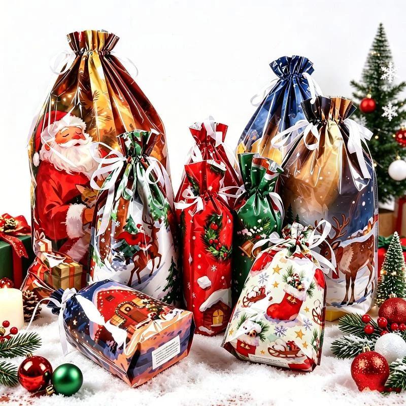 Christmas Drawstring Gift Bags with Assorted Festive Patterns Self Standing for Home Xmas Party Treat Packing