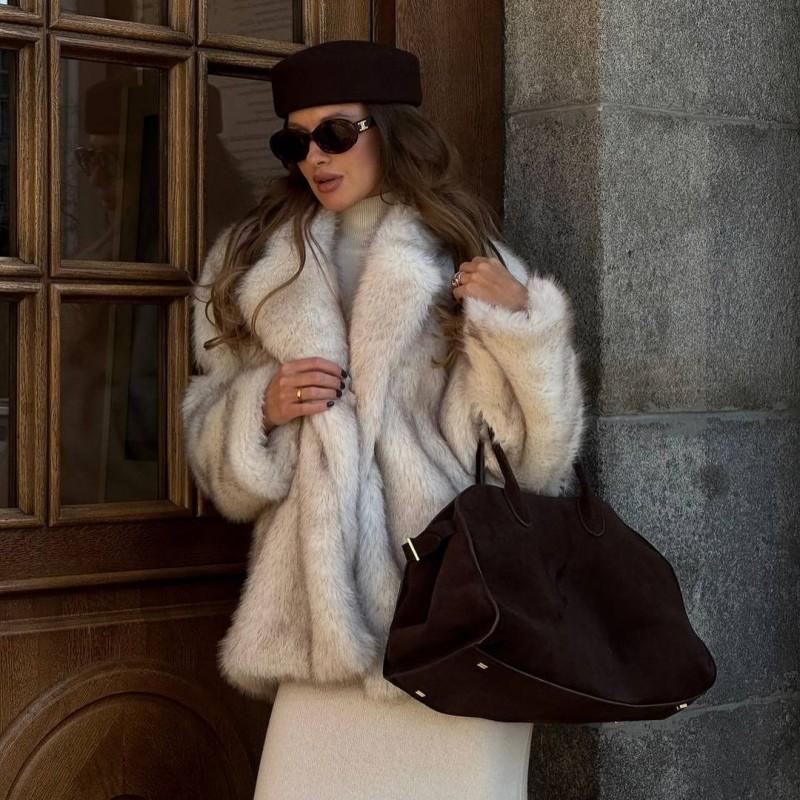 Short Faux Fur Coat Women Warm Winter Top Influencer Style Stand Collar Regular Sleeves