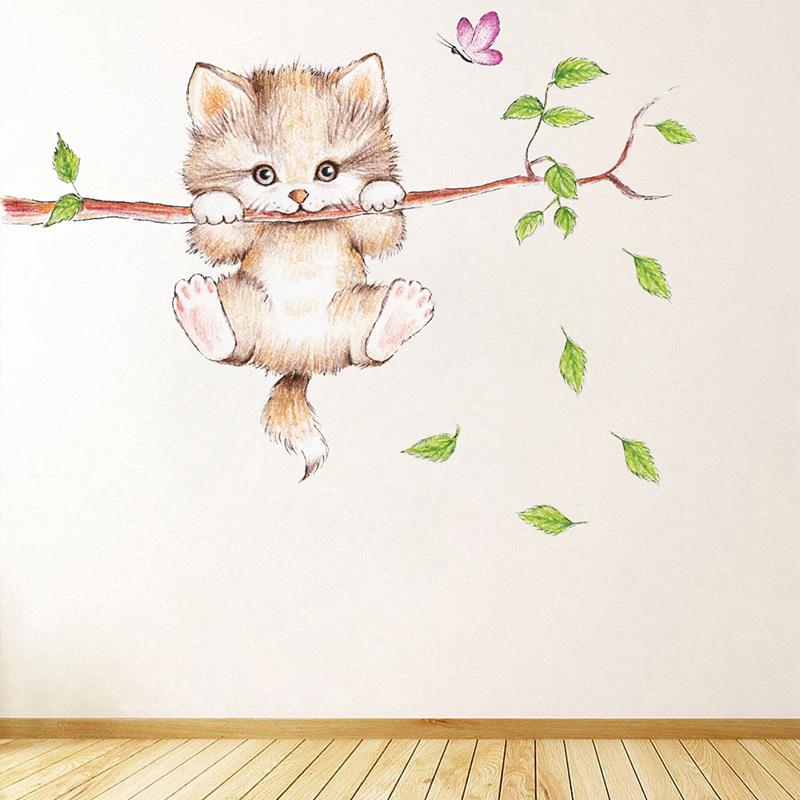 Lovely Kitten on Tree Branch Αυτοκόλλητα τοίχου Σπίτι Diy Cartoon Cat Animals Τοιχογραφία Παιδικό Δωμάτιο PVC Αυτοκόλλητα