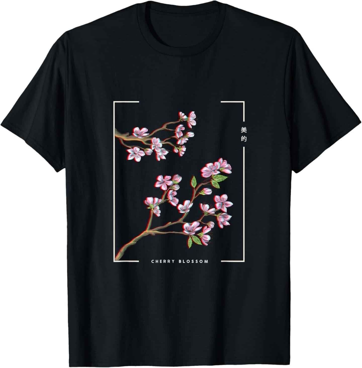 Japanese Aesthetic Vaporwave Cherry Blossom Glitch Anime T-Shirt XL