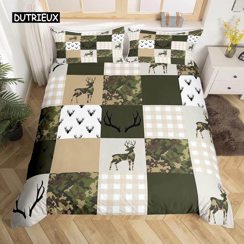 Camo Deer Duvet Cover Set Antlers Arrow Pattern Bedding Set Stripes Gird Camouflage Comforter Cover Microfiber King Quilt Cover
