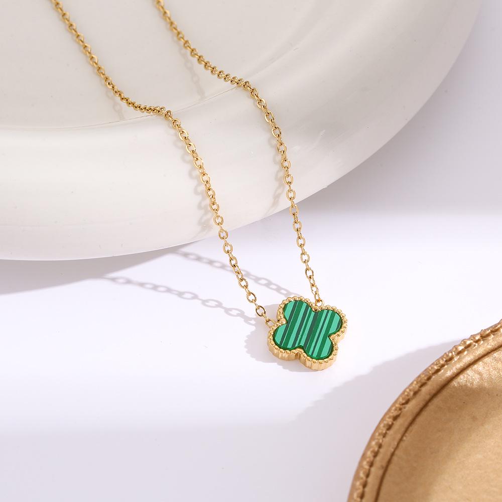 Elegant Gold-Plated Chinese-Style Four-Leaf Clover Necklace with Imitation Hetian Jade Pendant for Women