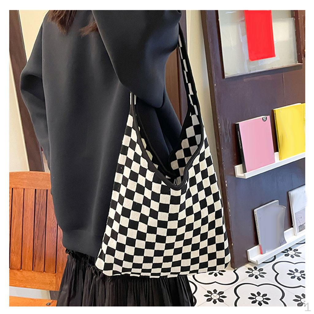 Woven Tote Bag for Vacation Shopping Grid Pattern Knitting , Casual Large Capacity Shoudler