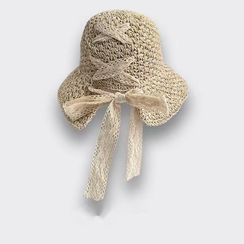Sweet bow embroidered straw hat women's seaside vacation fisherman's hat children's summer hollow breathable straw visor