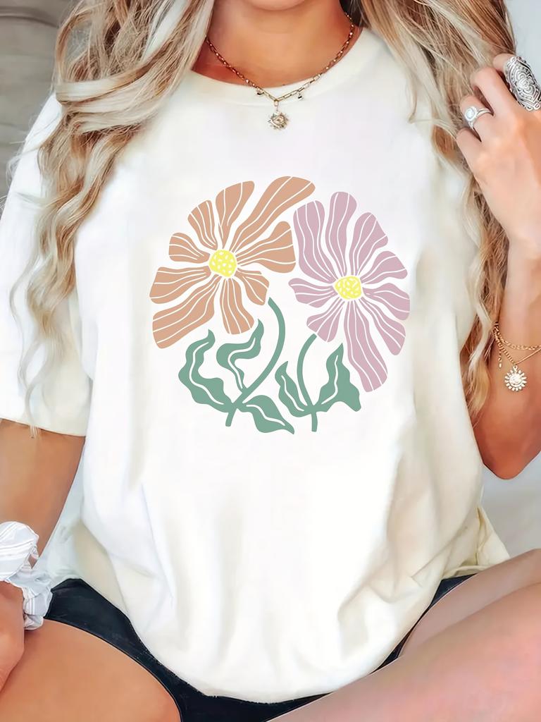 Womens Casual Round Neck Short Sleeve Abstract Floral Print Ribbed Detail Harajuku Short Sleeve Casual Aesthetic Clothes