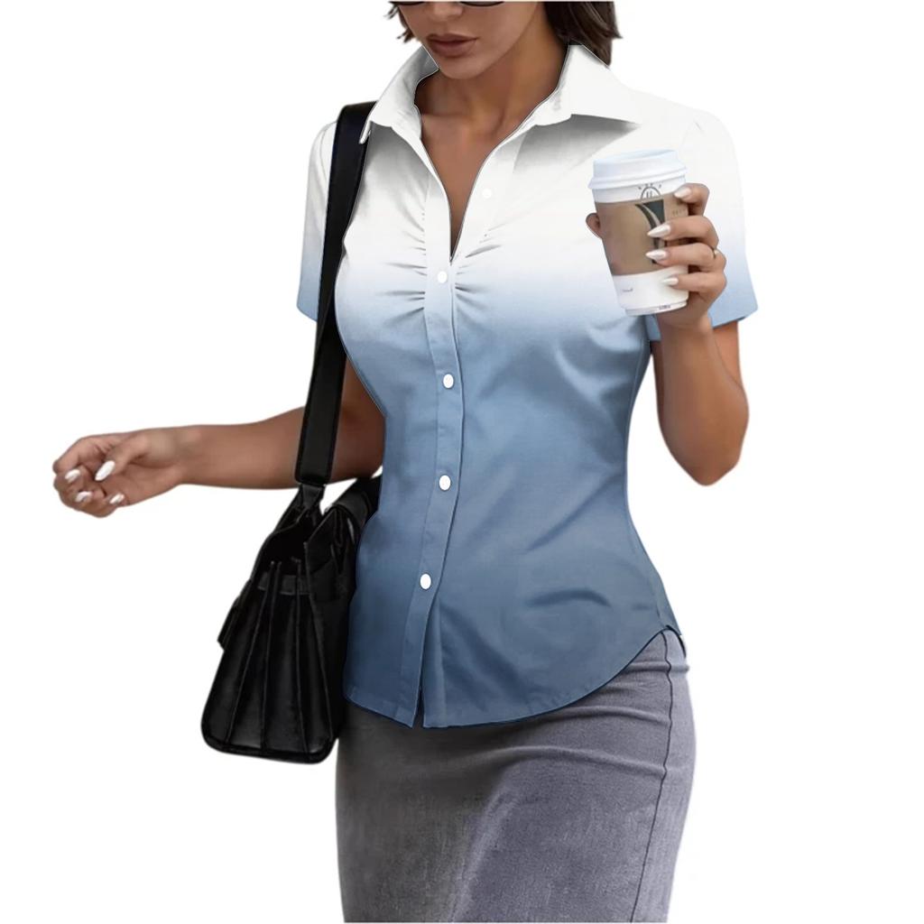 Women's Short Sleeve Button Down Shirt Slim Fit Collared Business Casual Office Blouse Tailored Top for Summer Workwear