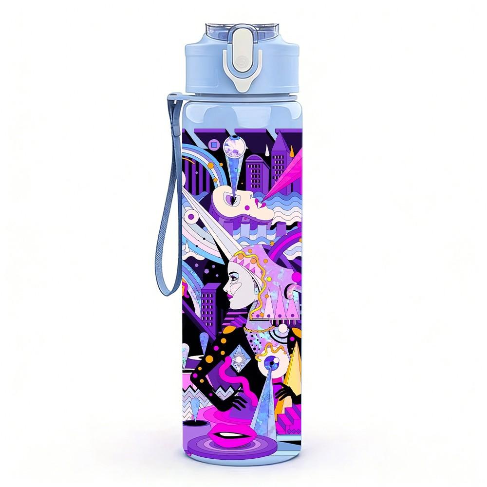 1PC Neon Abstract Cyber Graffiti Art 750ml Color Plastic Sports Water Bottle Leakproof Flip Straw Lid Suitable for Sports Office Home Use