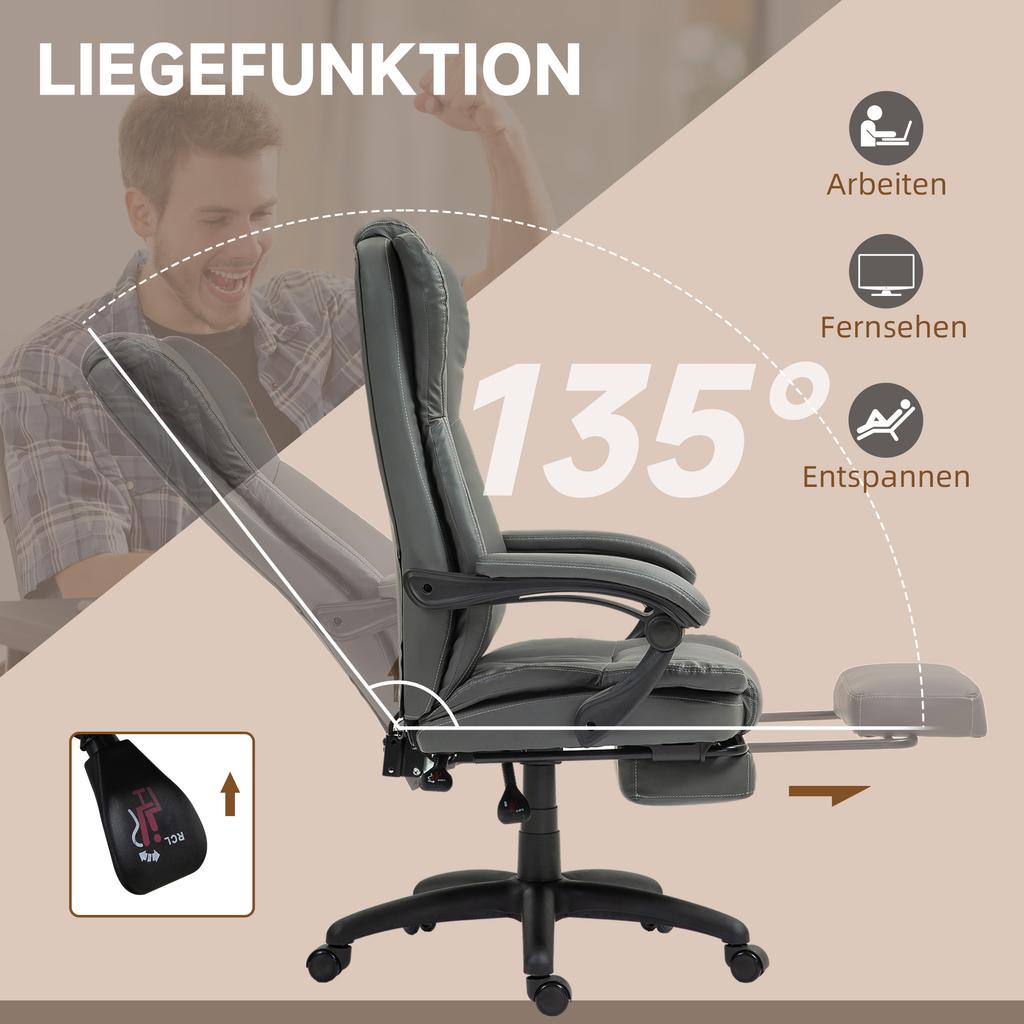 Adjustable Swivel Chair with Footrest, Headrest, Massage Function, Faux Leather, 68.5x68.5x113-121cm, Dark Grey