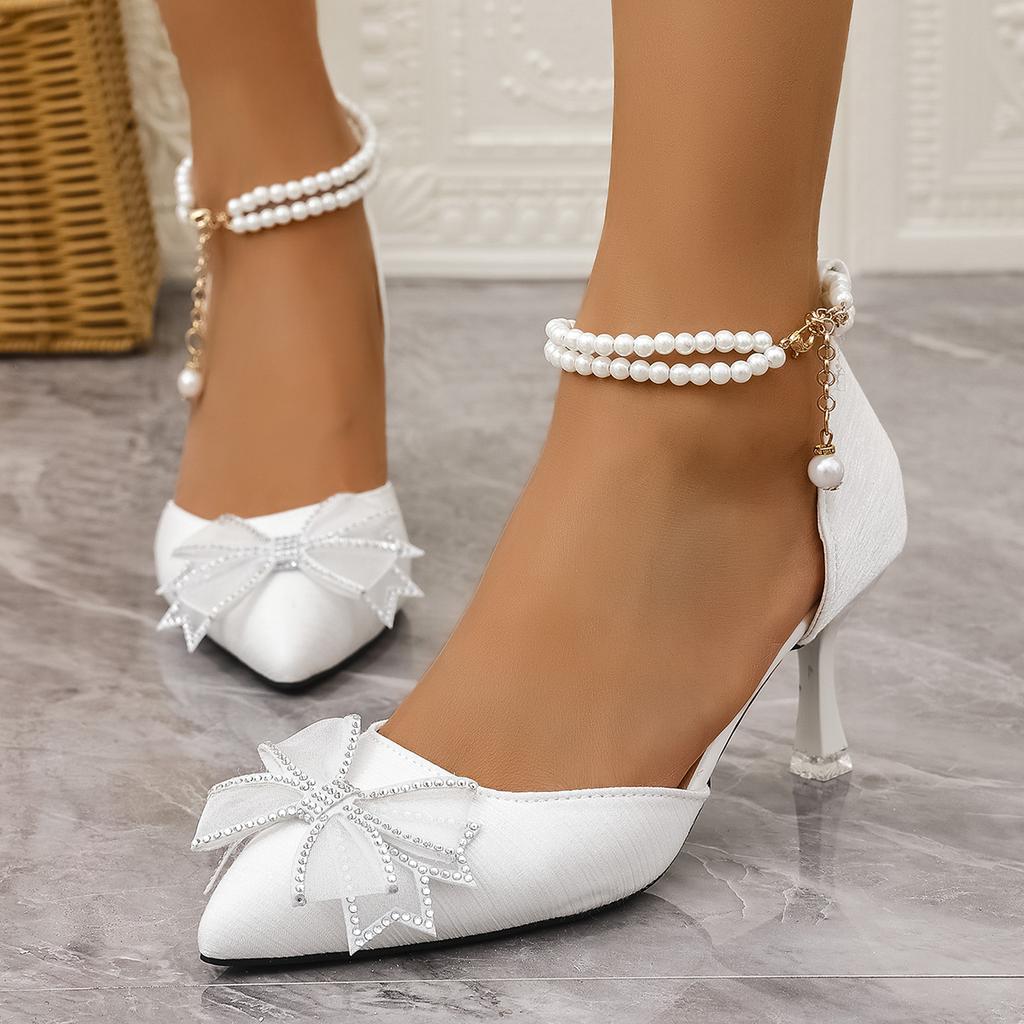 Fashion Elegant Pearl Chain Ankle Strap Pumps Women Summer Bowknot Decoration Pointed Toe High Heel Pumps Fashion White Wedding Shoes