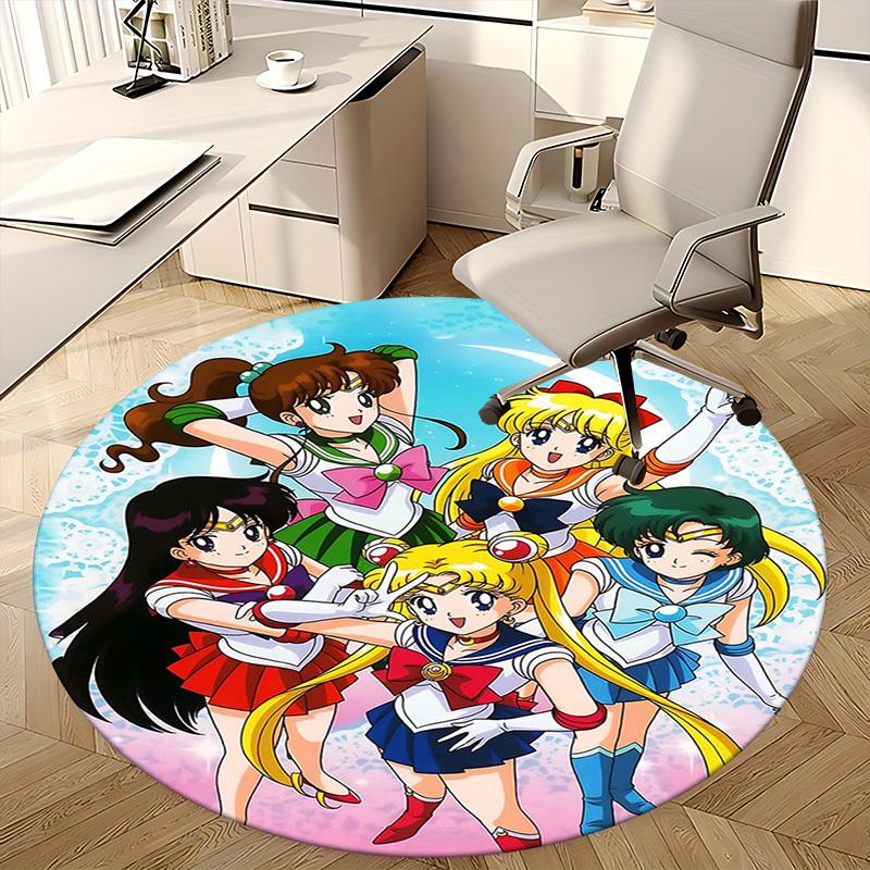 1 Stück Sailor Moon Anime Runder Teppich Bürostuhlmatte, Rutschfeste Matte für Heimdekoration, Wohnzimmer, Schlafzimmer, Spielzimmer