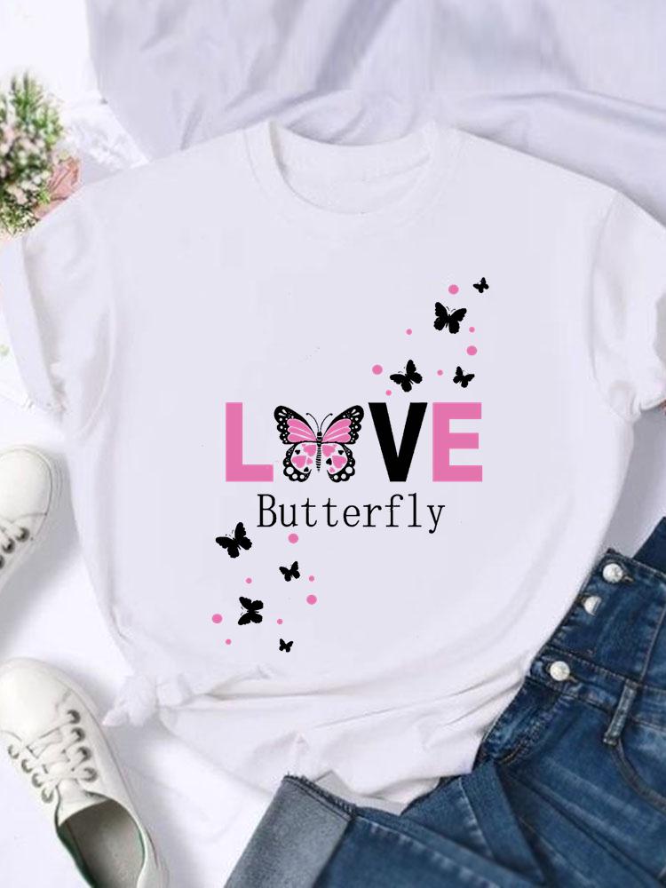 Kortärmade T-shirts Dam T-shirt Tryck Sommar Tecknad Fjäril Trend Söt Skjorta Dam Grafisk T Topp T-shirt Mode Kläder