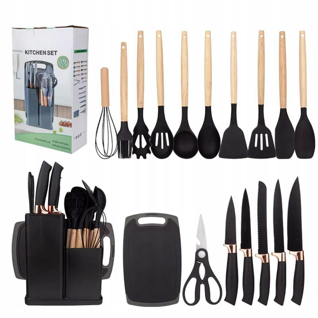 Knife Block Set + Silicone Kitchen Utensil Set 19 Pcs Black