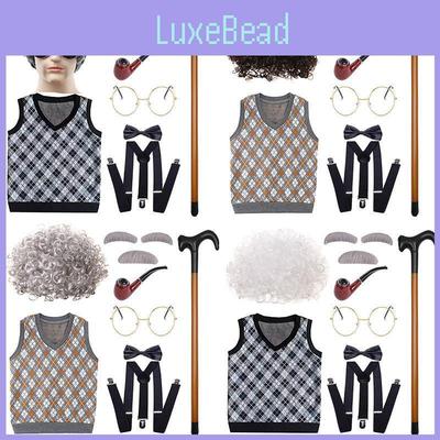 Klassisches Großvater-Kostüm-Perückenset mit kurzem, weichem, lockigem Haar und stilvoller Weste für Kinder