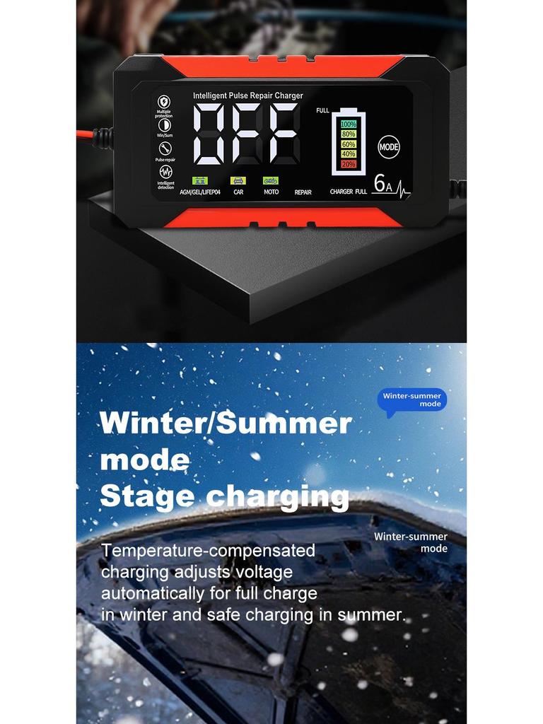 12V 10A Smart Battery Charger for Cars and Motorcycles