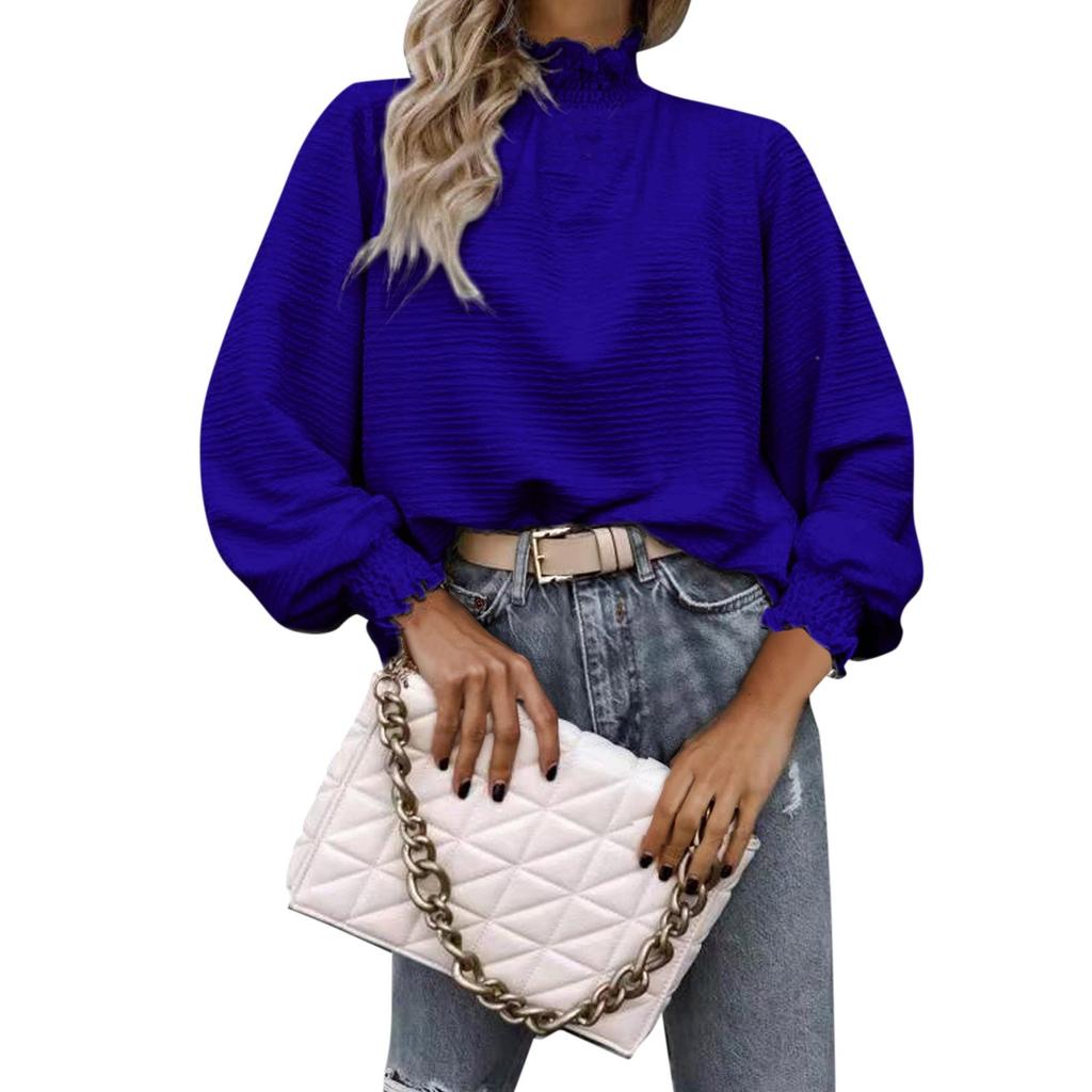 Womens Casual Long Sleeve Round Neck Chambray Blouse Top