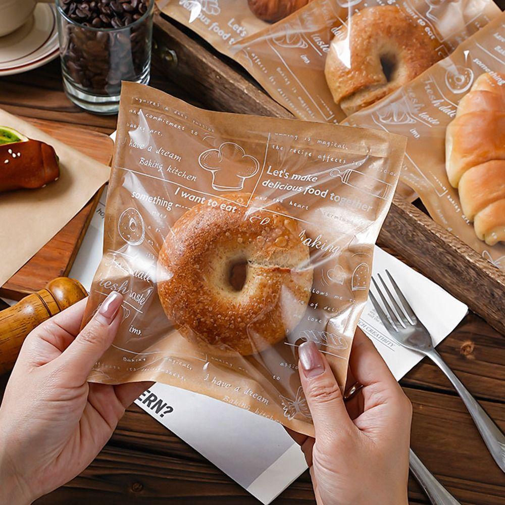 100PCS Cartoon Pattern Food Packaging Bag Heat-resistant Transparent Window Kraft Paper Packing Bag Kraft Paper Oil Resistant