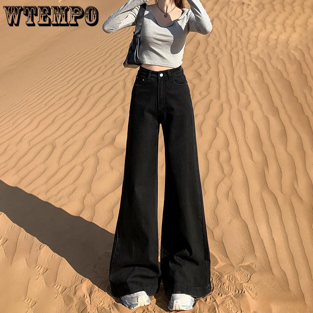 Schwarze Wide Leg Jeans für Damen für Frühling und Herbst Niedrige Taille Locker Geschnitten Schlankmachende Hosen für Herbst und Winter
