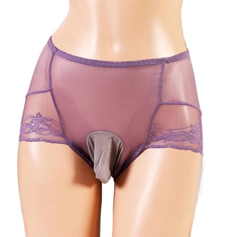 Large Size Sissy Pouch Panties Men Embroidery Lace See Through Briefs Crossdress Bullet Separation Underpant Gays Club Lingerie