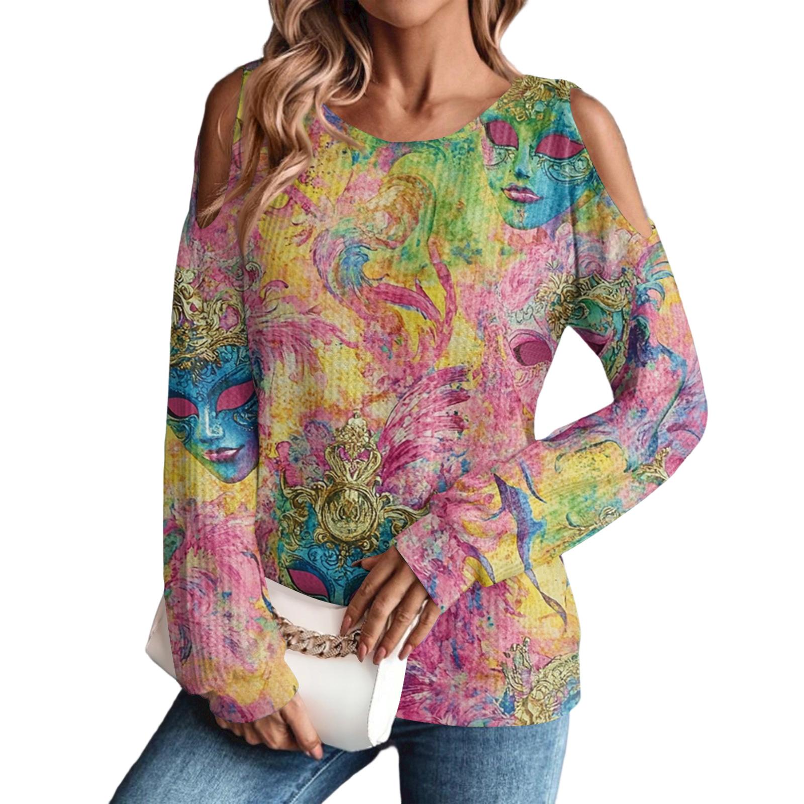 

Women s Winter Oversized T-Shirt Fashionable Off-the-Shoulder Round Neck Vintage Floral Print Pullover Long-Sleeved Top XL жовтий